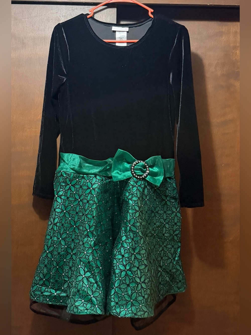 Bonnie Jean Black and Green Velvet Holiday Dress with Satin Bow